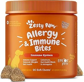 Zesty Paws Dog Allergy Chews - Dog Allergy Relief, Peanut Butter, 90 Ct | Itch Relief for Dogs Soft Chews with Probiotics for Itchy Skin, Ears and Paws