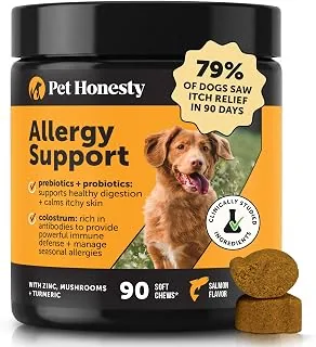 Pet Honesty Dog Allergy Chews for Itch & Allergy Relief, Salmon, 90ct | Itch relief for dogs, 77% saw less itching in 3 months*, with colostrum, zinc, turmeric, omega-3s and a probiotic blend