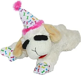 Multipet Lamb Chop Dog Plush Toy w/Birthday Hat - Squeaky Toy for All Dogs - Soft Plush - Stuffed Animal Dog Toys for Playing - Cute Birthday Toy (10.5”, Pink Hat, 5 Squeakers)